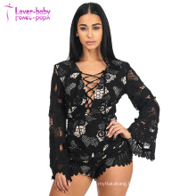 Women Stylish Black Crochet Bell Sleeve Lace up Neck Romper